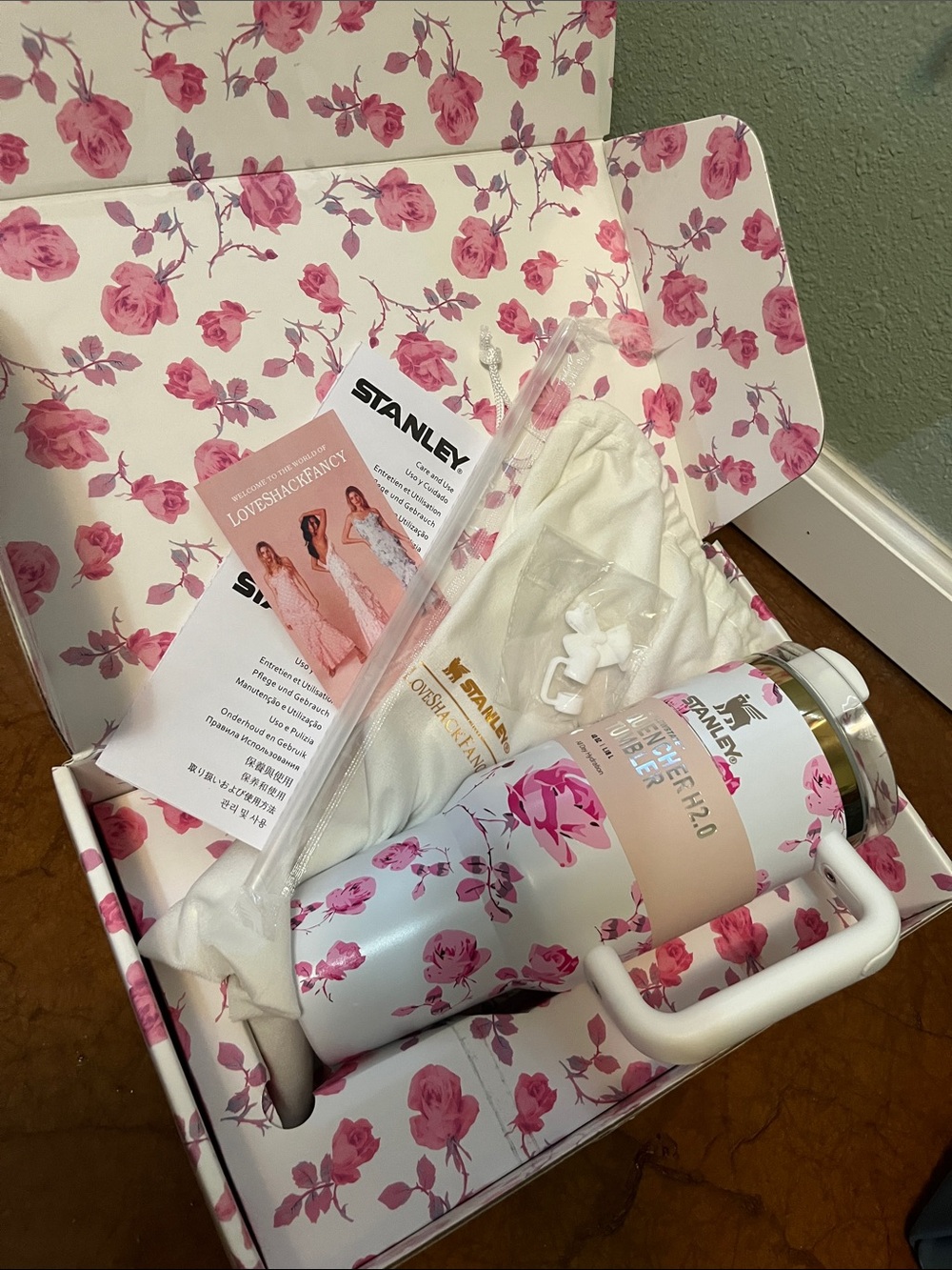 Stanley White Tumbler with Pink Rose Print and White Handle